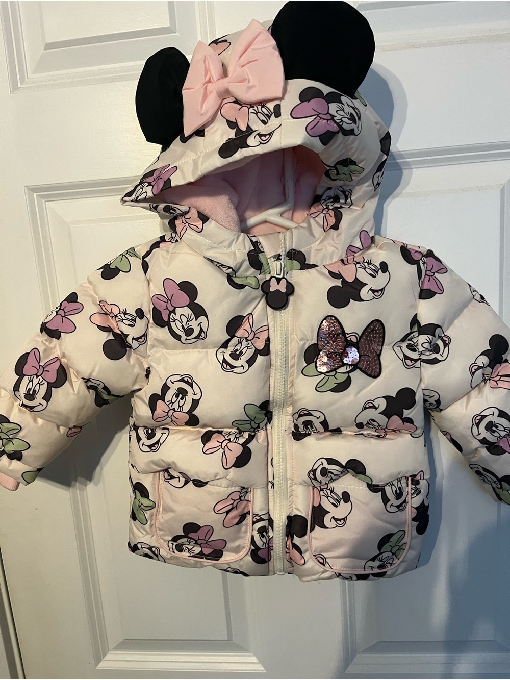 Disney Minnie Mouse Pink & Cream Puffer Jacket with Ears size 2t
